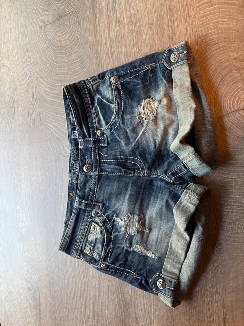 Miss Me Dark Blue Distressed Denim Jean Shorts